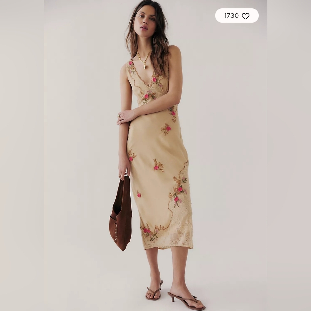 Free People "Meet Again Midi Dress" Beige with Pink Floral Embroidery